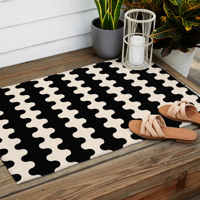 Black and Cream Ogee A-Go-Go Retro Pop Wavy Stripe Pattern Outdoor Rug Gallery Image 2