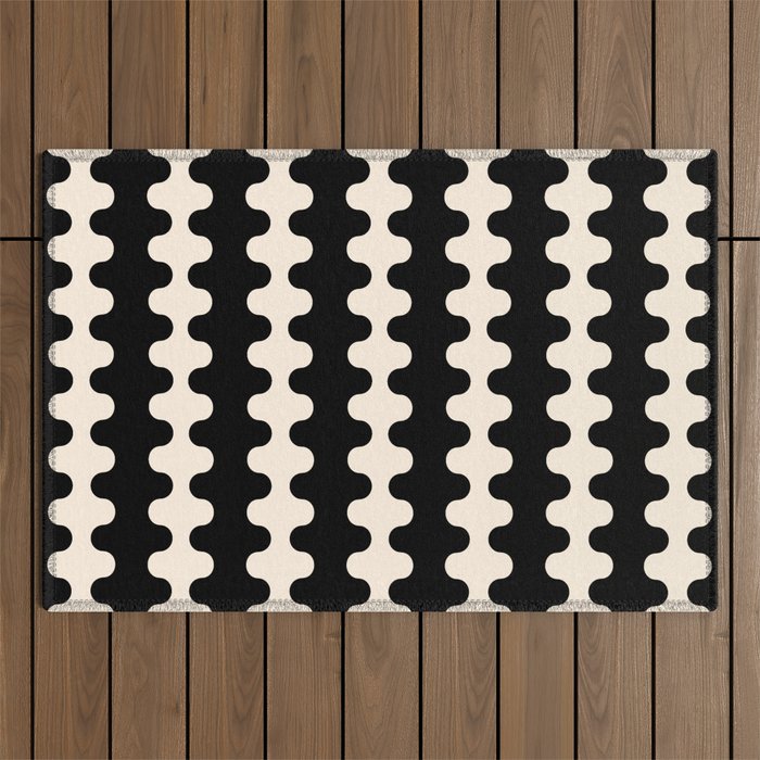 Black and Cream Ogee A-Go-Go Retro Pop Wavy Stripe Pattern Outdoor Rug Gallery Image 1