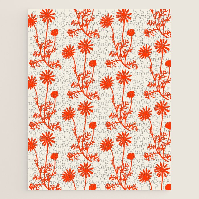 Wild Daisies Floral Botanical Pattern in Orange and Off White Jigsaw Puzzle Gallery Image 1
