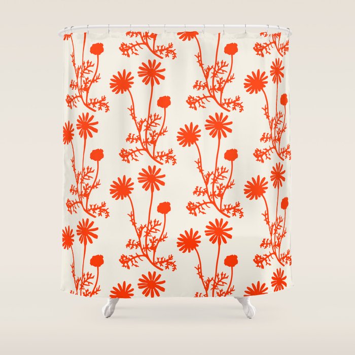 Wild Daisies Floral Botanical Pattern in Orange and Off White Shower Curtain Gallery Image 1
