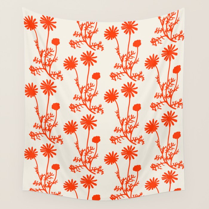 Wild Daisies Floral Botanical Pattern in Orange and Off White Wall Tapestry Gallery Image 1