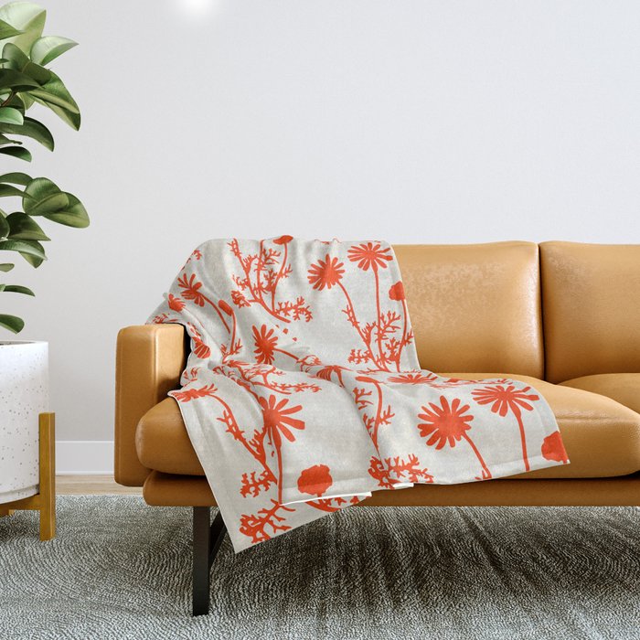 Wild Daisies Floral Botanical Pattern in Orange and Off White Throw Blanket Gallery Image 1