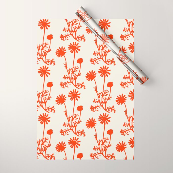 Wild Daisies Floral Botanical Pattern in Orange and Off White Wrapping Paper Gallery Image 1