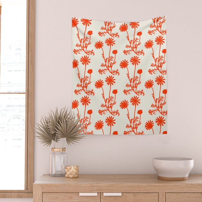 Wild Daisies Floral Botanical Pattern in Orange and Off White Wall Tapestry Gallery Image 2