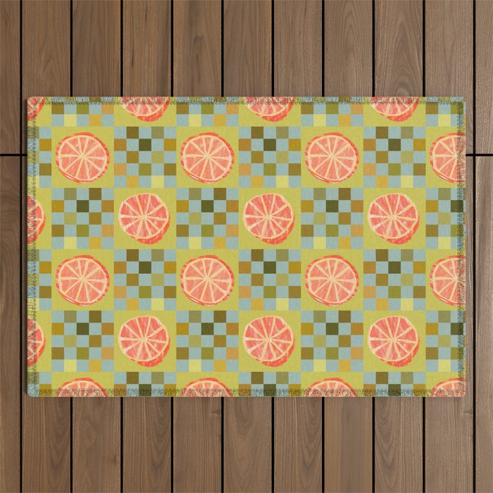 Checkered Citrus Fruit in Sage & Orange Outdoor Rug Gallery Image 1
