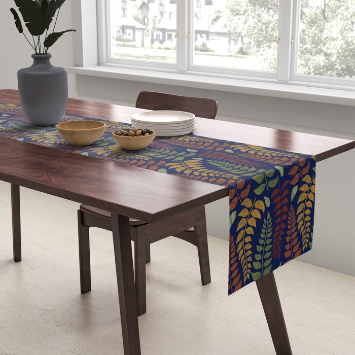 Leaf Fronds in Fall Colors on Navy Blue Table Runner Gallery Image 2