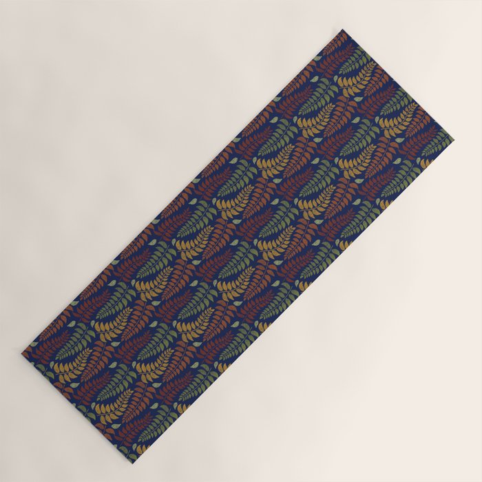 Leaf Fronds in Fall Colors on Navy Blue Yoga Mat