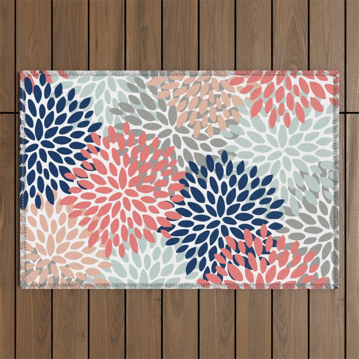 Festive, Flowers Print, Blue, Coral, Aqua, Gray Outdoor Rug Gallery Image 1