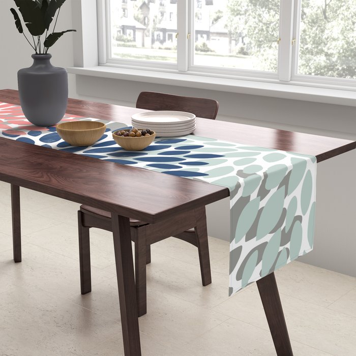 Festive, Flowers Print, Blue, Coral, Aqua, Gray Table Runner Gallery Image 2
