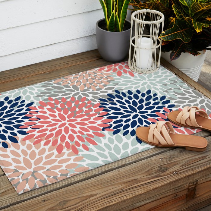 Festive, Flowers Print, Blue, Coral, Aqua, Gray Outdoor Rug Gallery Image 2
