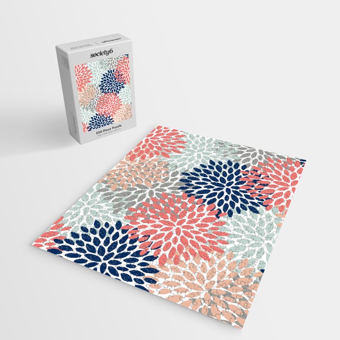 Festive, Flowers Print, Blue, Coral, Aqua, Gray Jigsaw Puzzle Gallery Image 2