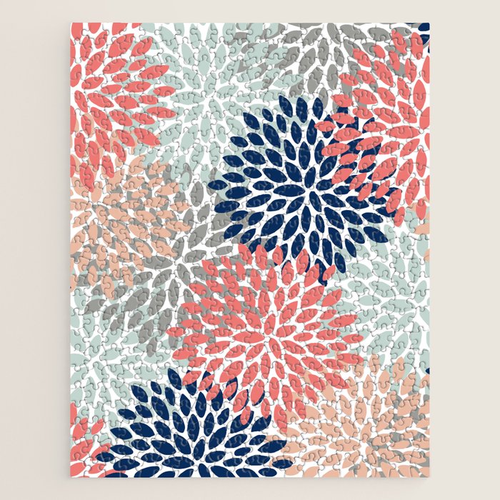 Festive, Flowers Print, Blue, Coral, Aqua, Gray Jigsaw Puzzle Gallery Image 1