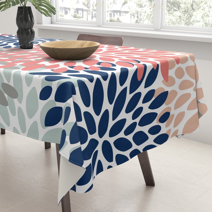 Festive, Flowers Print, Blue, Coral, Aqua, Gray Tablecloth Gallery Image 3