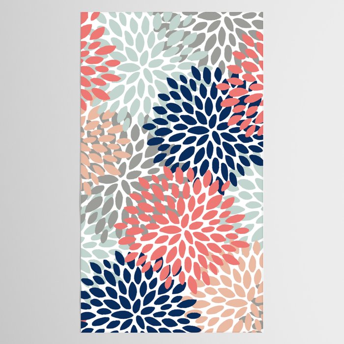 Festive, Flowers Print, Blue, Coral, Aqua, Gray Tablecloth Gallery Image 2