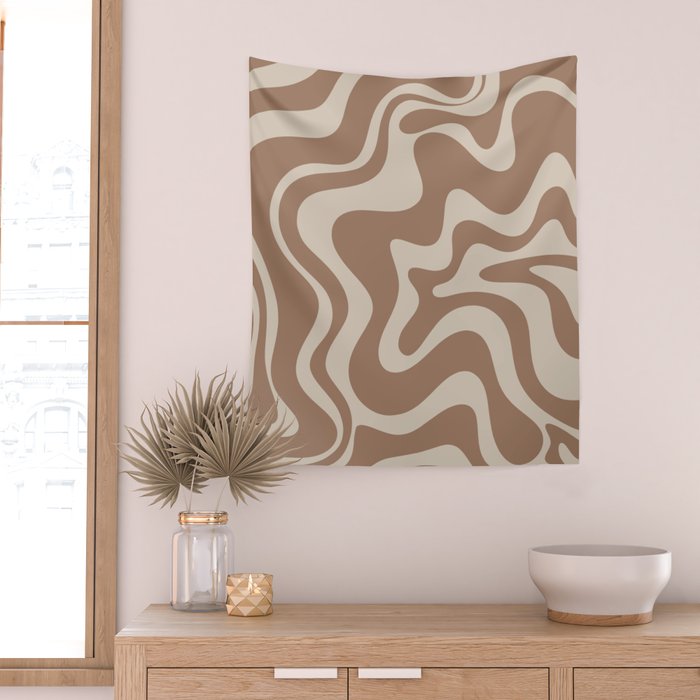 Liquid Swirl Contemporary Abstract Pattern in Chocolate Milk Brown and Beige Wall Tapestry Gallery Image 2