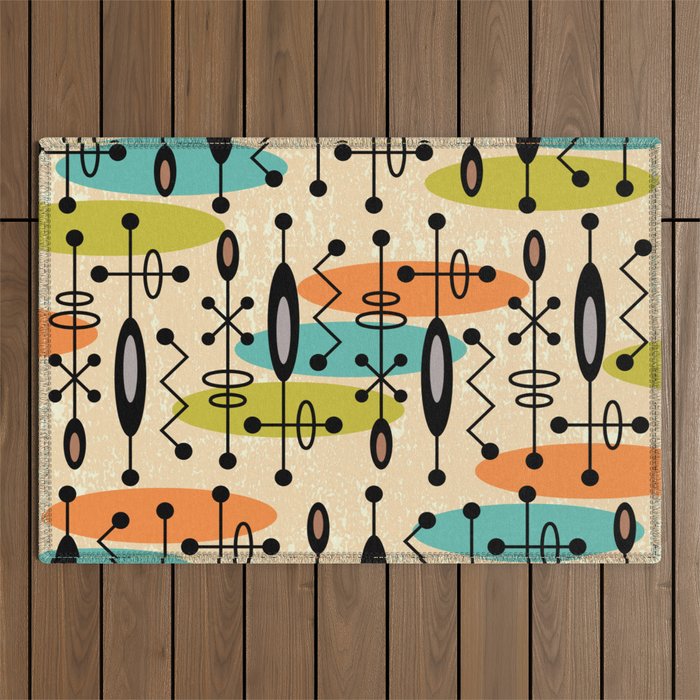 Retro 1950s Style Mid Century Modern Atomic Design 271 Googie Orange Blue and Green Outdoor Rug Gallery Image 1