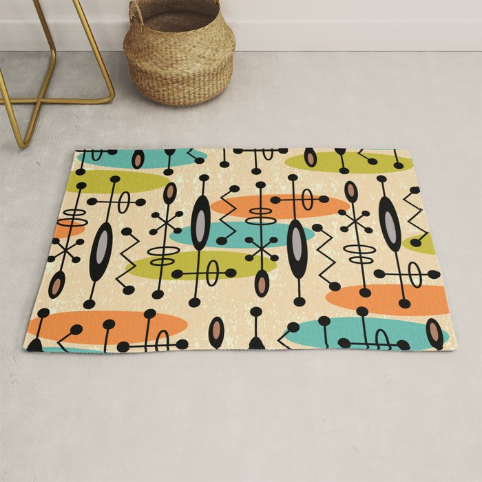Retro 1950s Style Mid Century Modern Atomic Design 271 Googie Orange Blue and Green Rug Gallery Image 1