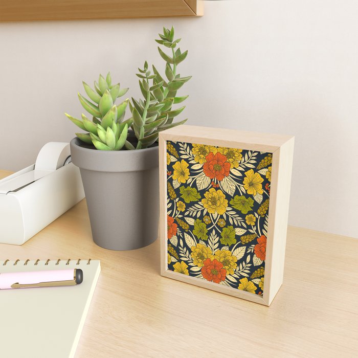 Modern Floral Pattern in Orange, Yellow, Green & Navy Mini Art Print Gallery Image 2