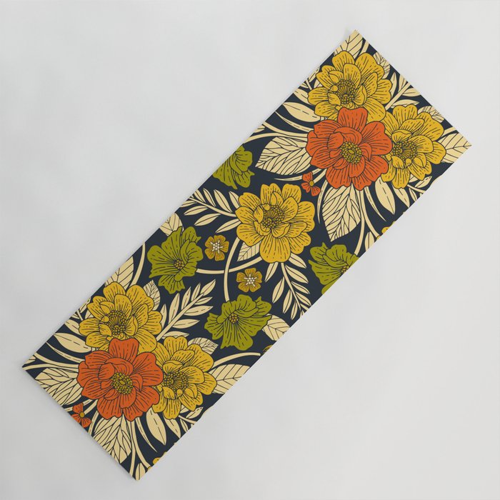 Modern Floral Pattern in Orange, Yellow, Green & Navy Yoga Mat Gallery Image 1