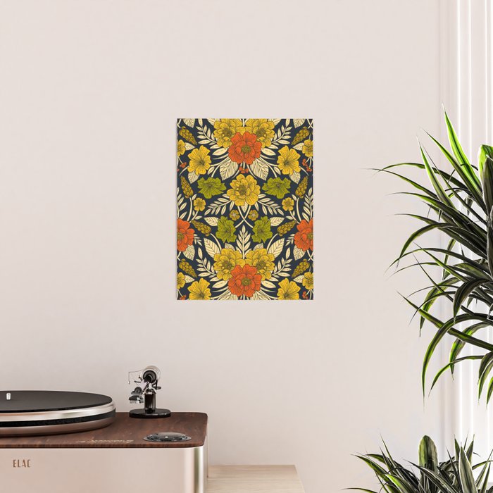 Modern Floral Pattern in Orange, Yellow, Green & Navy Poster Gallery Image 2