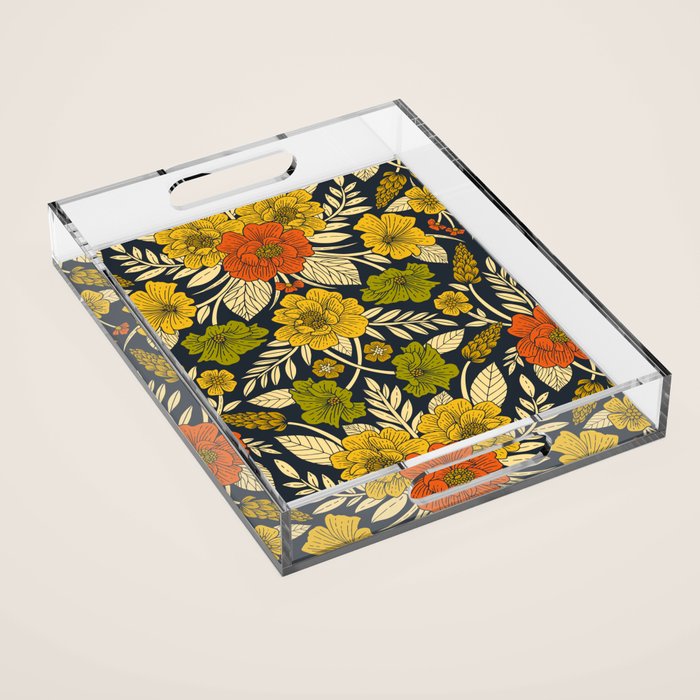 Modern Floral Pattern in Orange, Yellow, Green & Navy Acrylic Tray Gallery Image 1