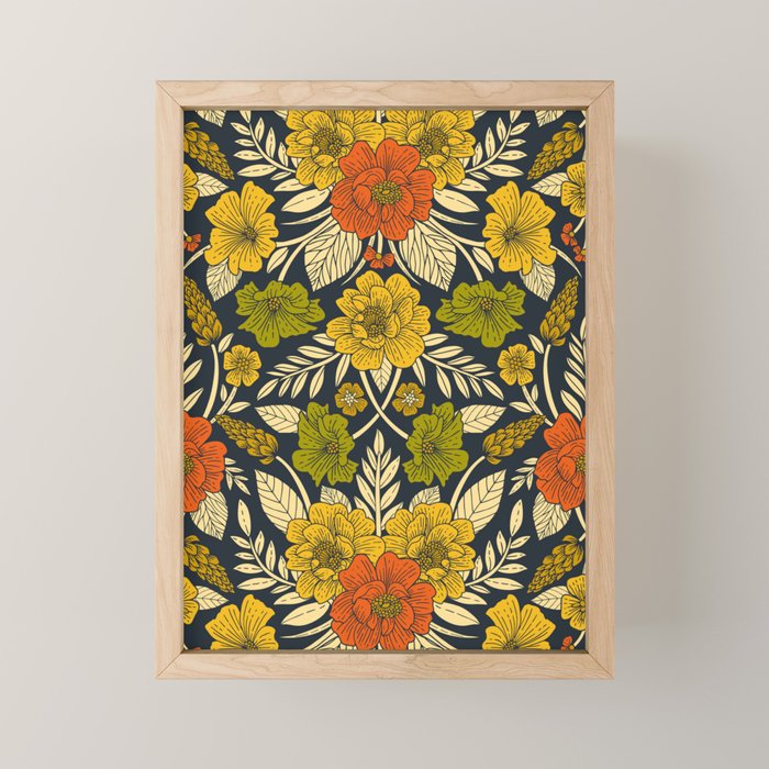 Modern Floral Pattern in Orange, Yellow, Green & Navy Mini Art Print Gallery Image 1
