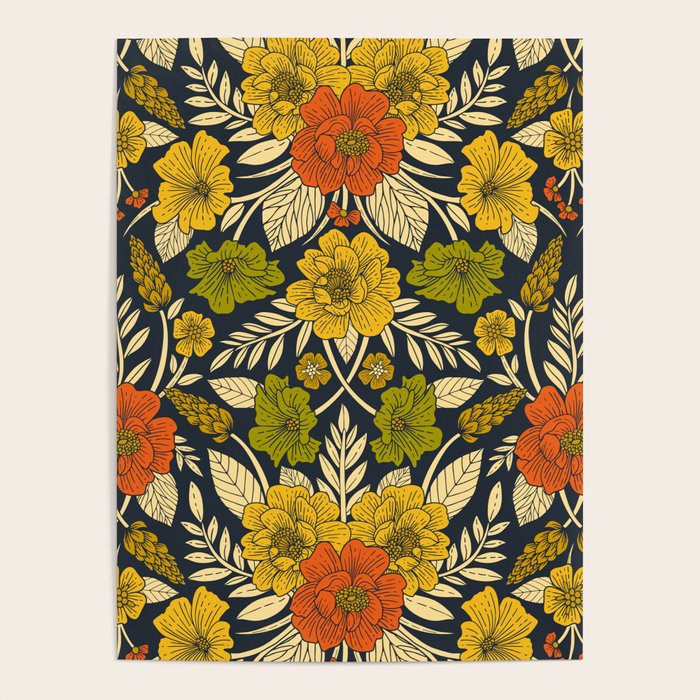 Modern Floral Pattern in Orange, Yellow, Green & Navy Poster Gallery Image 1