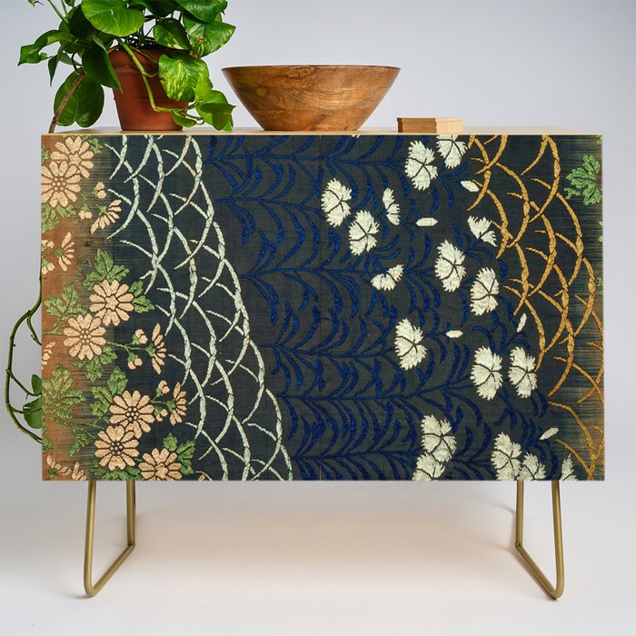 Antique White, Pink and Blue Floral Japanese Silk Print Credenza Gallery Image 1