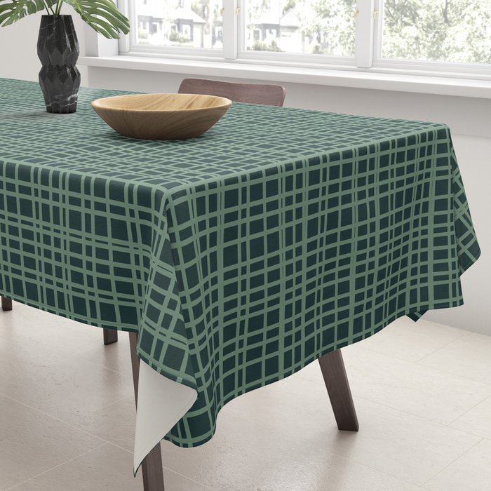 Mid Century Modern Fine Weave Minimalist Retro Woven Pattern in Forest Green Tablecloth Gallery Image 3