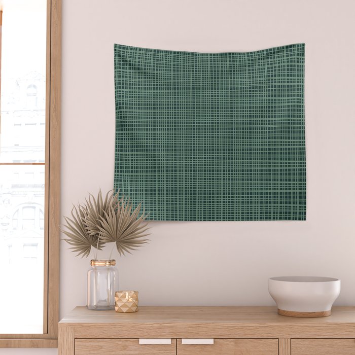 Mid Century Modern Fine Weave Minimalist Retro Woven Pattern in Forest Green Wall Tapestry Gallery Image 2