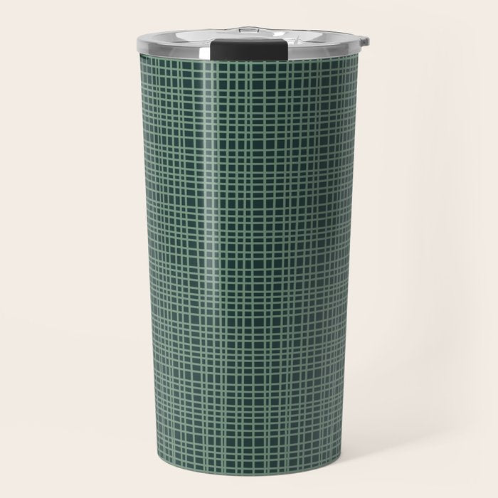 Mid Century Modern Fine Weave Minimalist Retro Woven Pattern in Forest Green Travel Mug Gallery Image 1