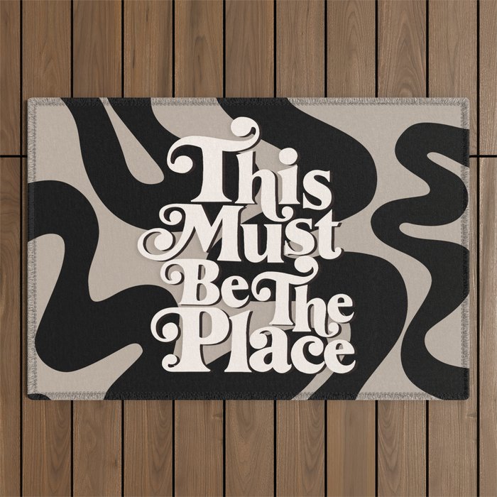 This Must Be The Place - 70s, Vintage, Retro, Abstract Pattern (Black & Beige) Outdoor Rug Gallery Image 1