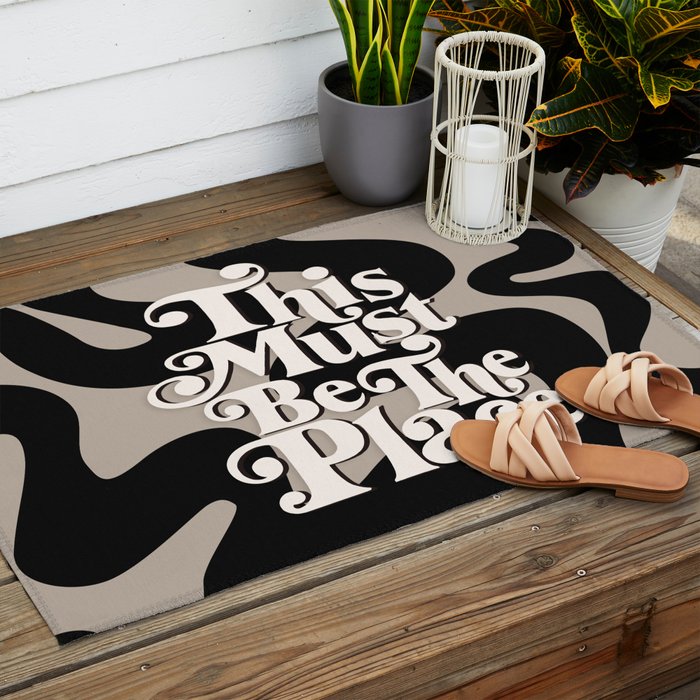 This Must Be The Place - 70s, Vintage, Retro, Abstract Pattern (Black & Beige) Outdoor Rug Gallery Image 2