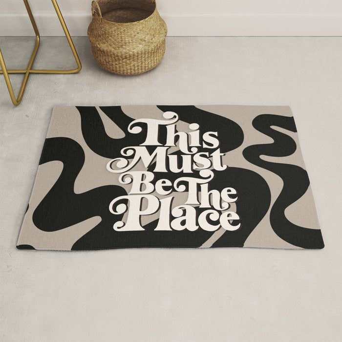 This Must Be The Place - 70s, Vintage, Retro, Abstract Pattern (Black & Beige) Rug Gallery Image 1