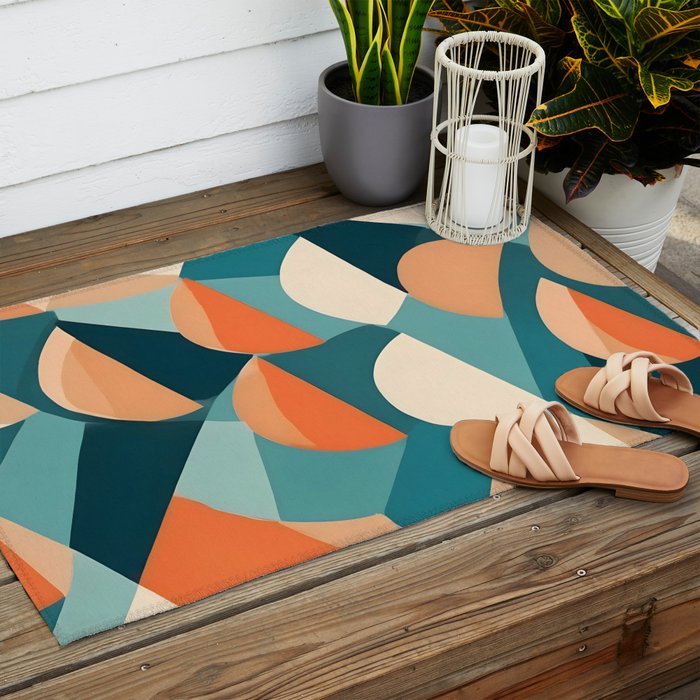 1/4 Cut, Abstract Fresh Fruits Citrus, Orange Lemon Illustration Scandinavian, Pastel Geometric Shapes eclectic Contemporary Modern Boho Outdoor Rug Gallery Image 2