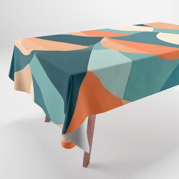 1/4 Cut, Abstract Fresh Fruits Citrus, Orange Lemon Illustration Scandinavian, Pastel Geometric Shapes eclectic Contemporary Modern Boho Tablecloth Gallery Image 1