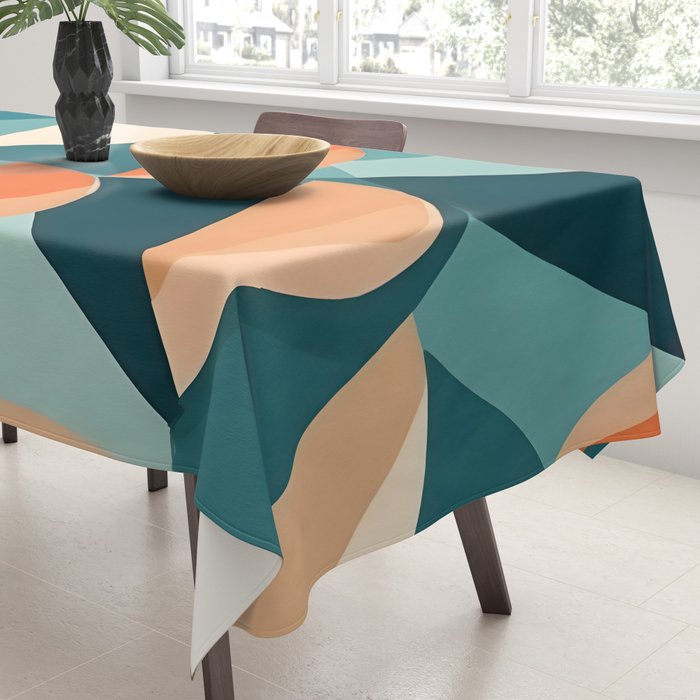 1/4 Cut, Abstract Fresh Fruits Citrus, Orange Lemon Illustration Scandinavian, Pastel Geometric Shapes eclectic Contemporary Modern Boho Tablecloth Gallery Image 3