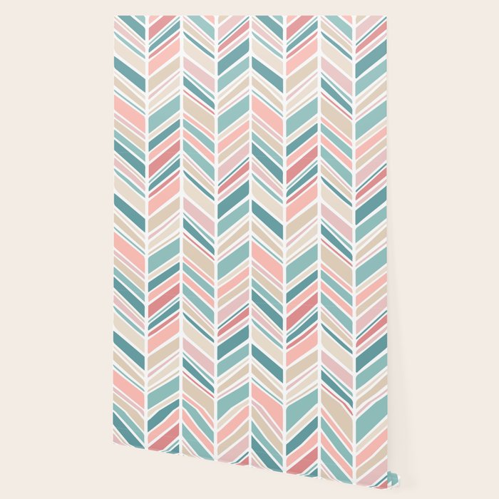 Herringbone Pattern - Cream Coral and Teal Wallpaper Gallery Image 2