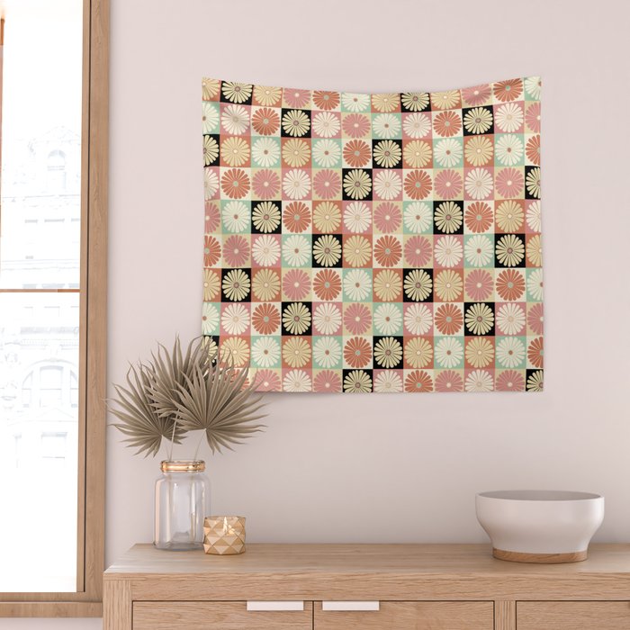 Retro Flowers Check Pattern XXVI Wall Tapestry Gallery Image 2