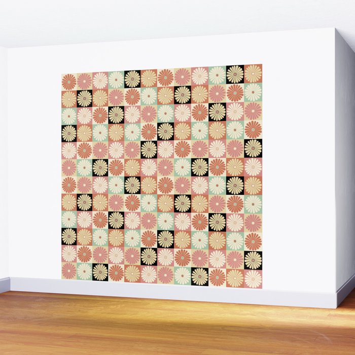 Retro Flowers Check Pattern XXVI Wall Mural Gallery Image 2