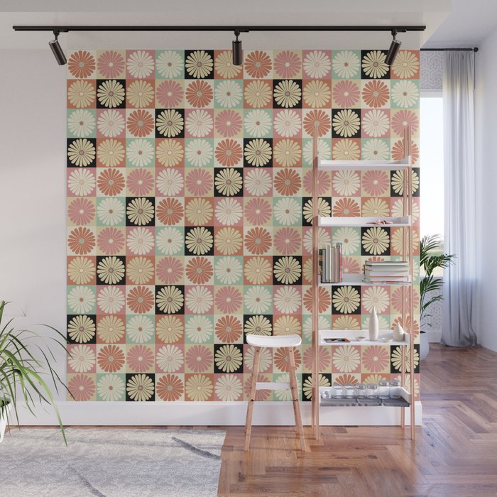 Retro Flowers Check Pattern XXVI Wall Mural Gallery Image 1