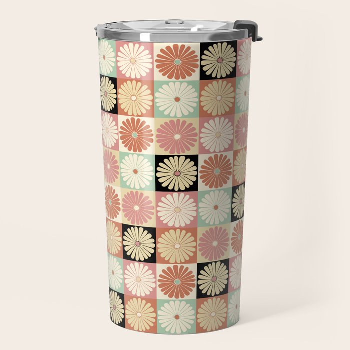 Retro Flowers Check Pattern XXVI Travel Mug Gallery Image 2