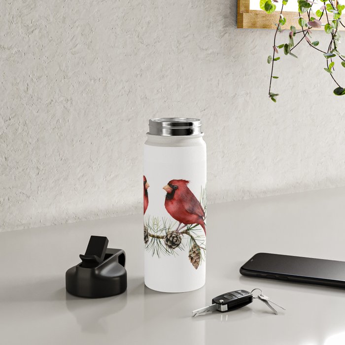 Christmas Red Cardinal Bird and Pine Watercolor Water Bottle Gallery Image 4