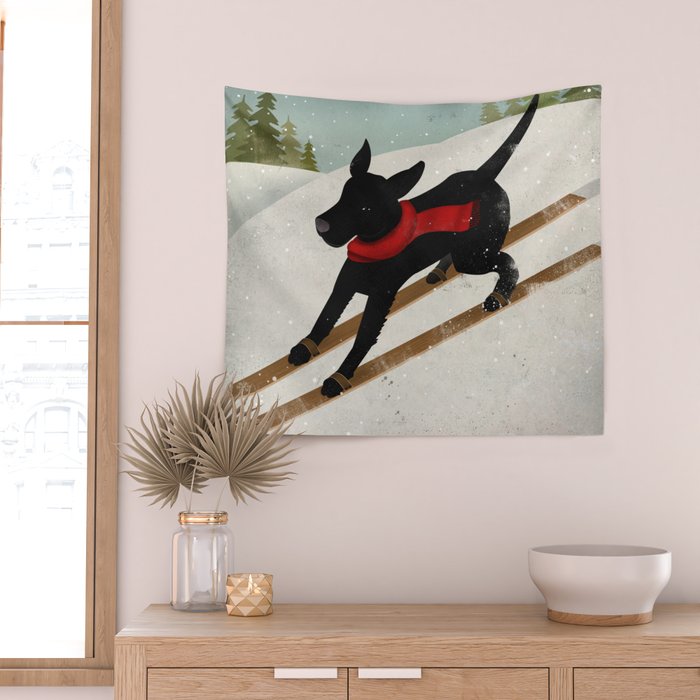 Black Dog Labrador Ski Mountain Wall Tapestry Gallery Image 2