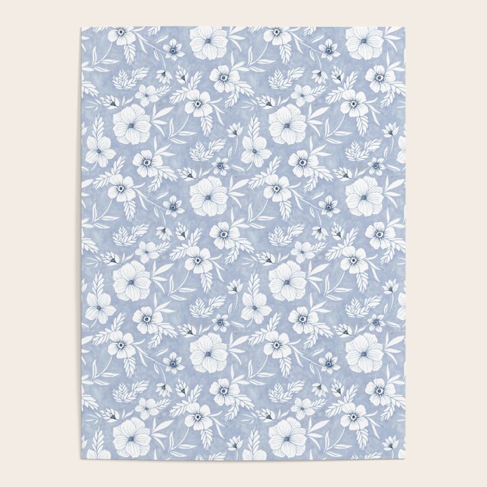 Hand drawn blue and white florals Poster Gallery Image 1