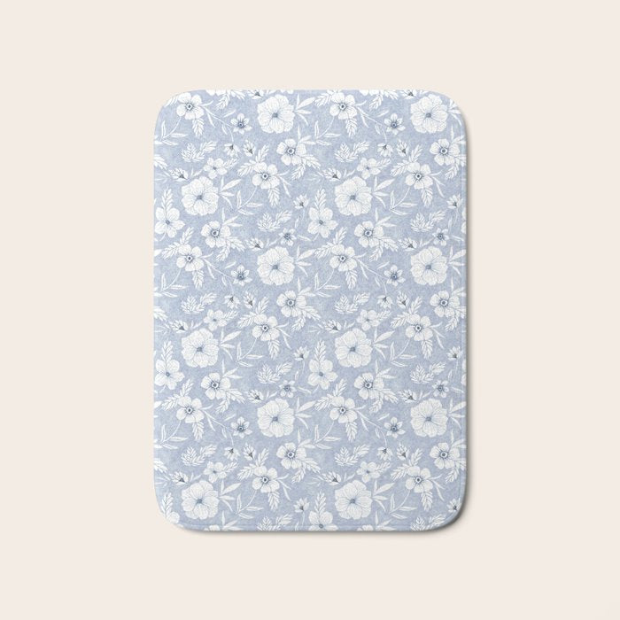 Hand drawn blue and white florals Bath Mat Gallery Image 1