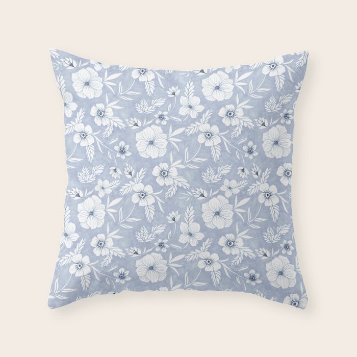 Hand drawn blue and white florals Throw Pillow Gallery Image 6