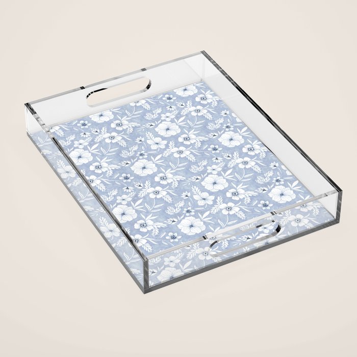Hand drawn blue and white florals Acrylic Tray Gallery Image 1