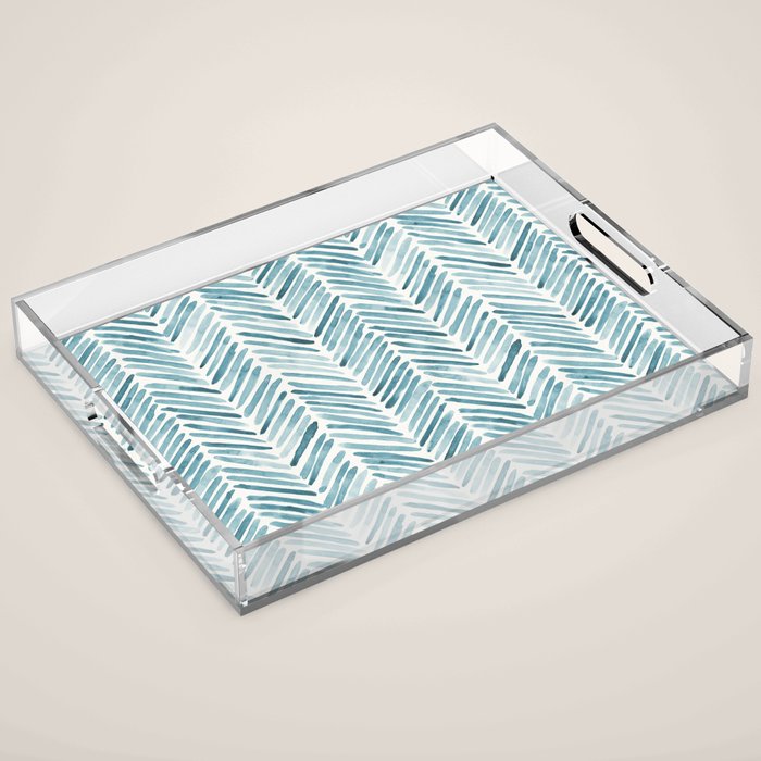 Turquoise herringbone - watercolor Acrylic Tray Gallery Image 1
