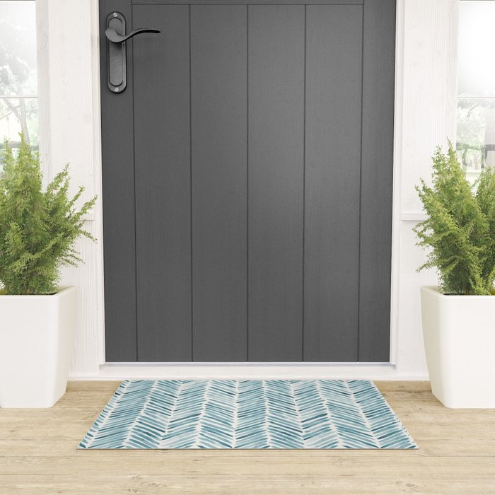 Turquoise herringbone - watercolor Welcome Mat Gallery Image 3